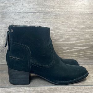 Ugg Bandara Black Suede Women’s Sz 7 Rear Zip Chunky Heel Pull On Ankle Boots